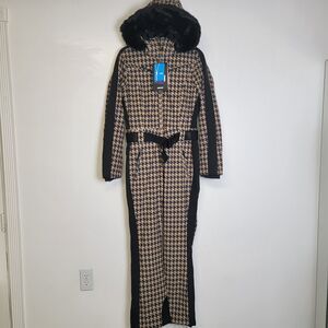 Gsou Snow Women's Slim-Fit Stretch Faux Fur Tan Houndstooth One-Piece Ski Suit S